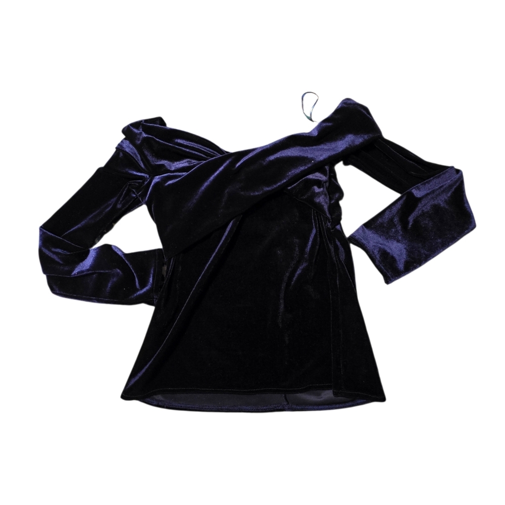 Zara Medium Blue Velour Off The Shoulder Longsleeve Top